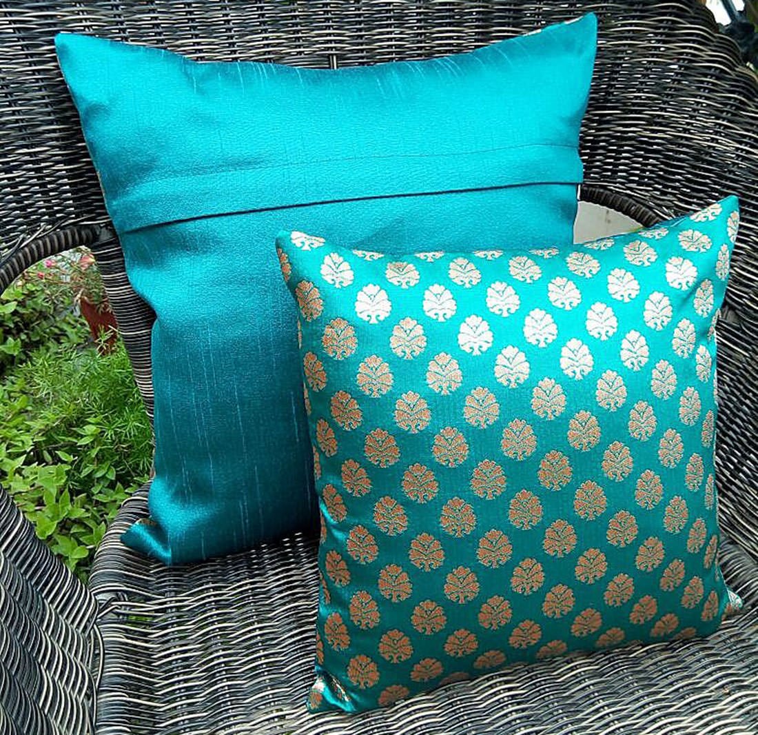 Premium Quality Teal Green & Golden Brocade Cushion Covers - Image 3