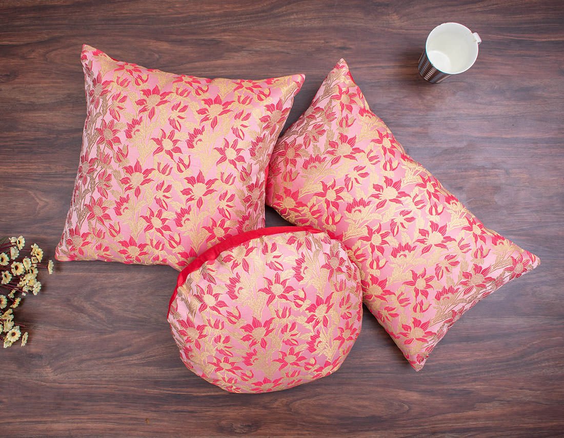 Coral Bageecha Floral Brocade Silk Rectangular Cushion Covers - Image 3