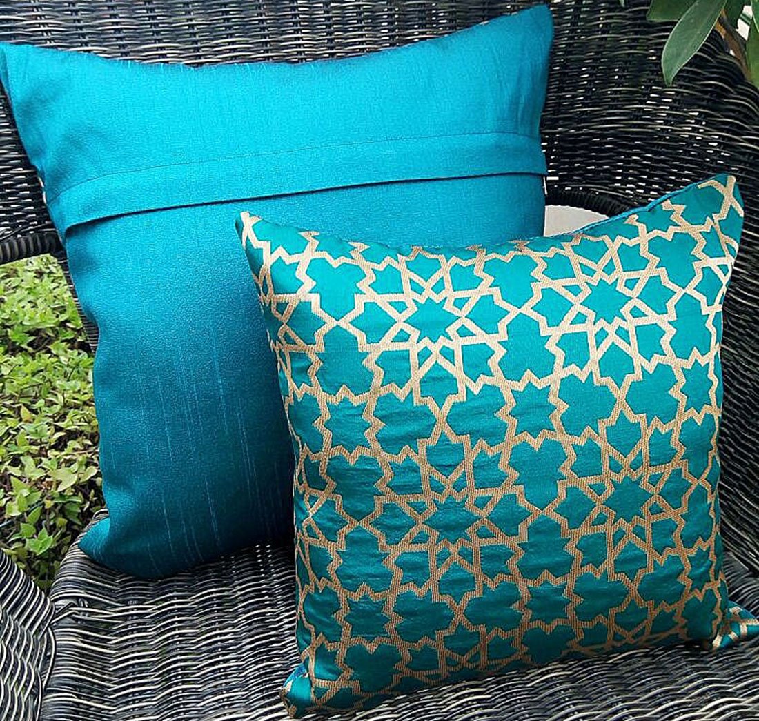Premium Quality Teal Green & Golden Brocade Geometric Design Cushion Covers - Image 4