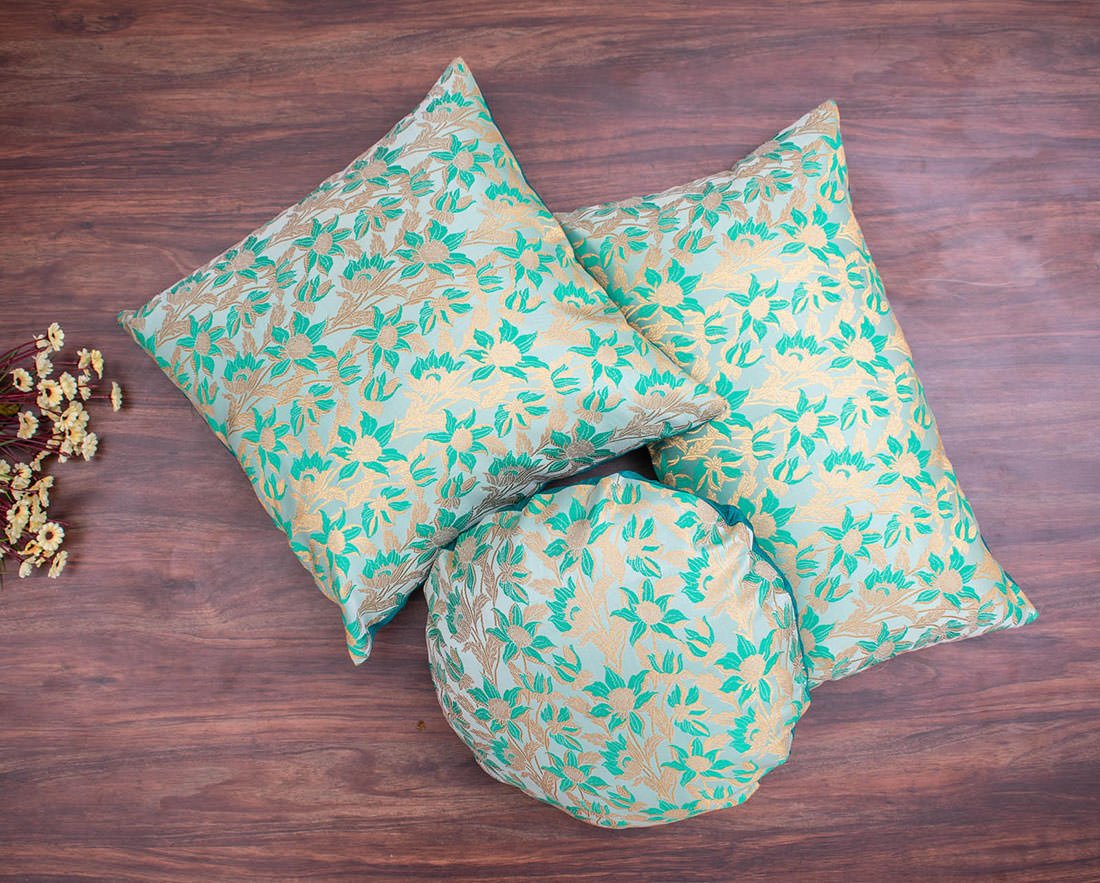 Sea Green Bageecha Floral Brocade Silk Rectangular Cushion Covers - Image 3