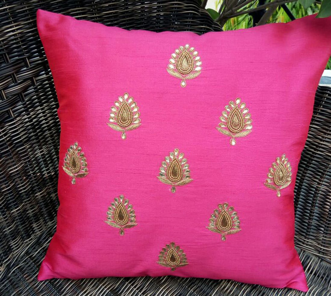 Swarn Paan Patti Beads, Kundan & Zari Hand Embroidery Magenta Cushion Covers - Image 3