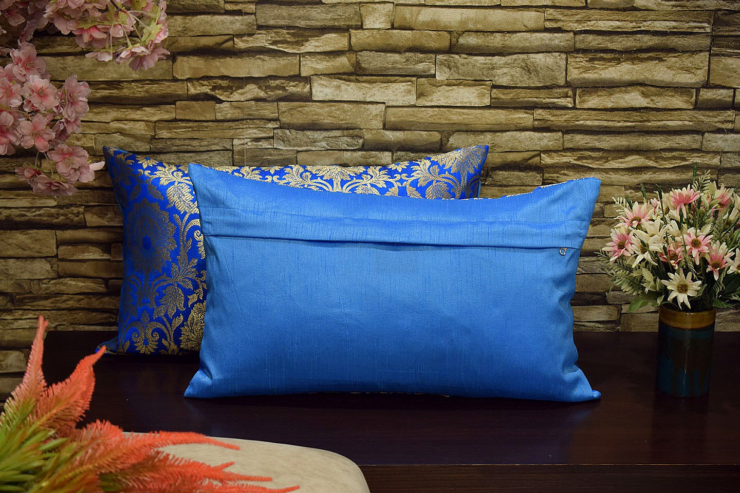 MUGHAL BANARASI Brocade Long Rectangular Cushion Covers (Firozi & Golden) - Image 3