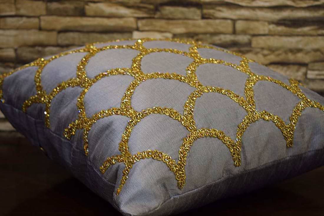 Criss Cross Hand Embroidered Moroccan Gold Embellished Grey Cushion Covers - Image 3