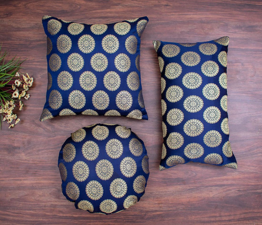 Mandala Brocade Silk Round Cushion Covers (Navy Blue & Golden) - Image 3
