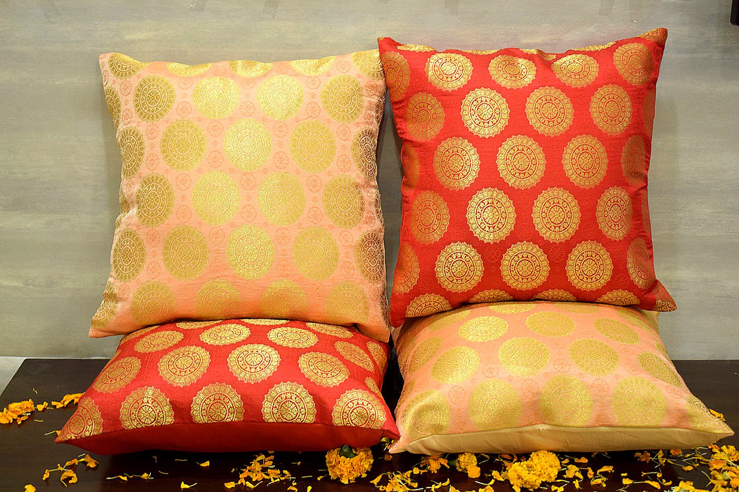 Mandala Brocade Silk Cushion Covers Combo (Red & Coral) - Image 3