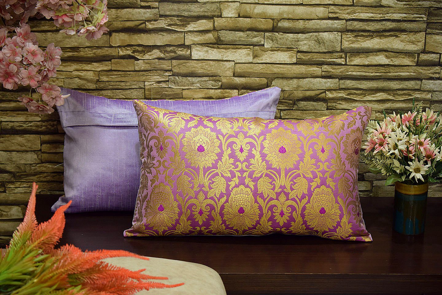 MUGHAL BANARASI Brocade Long Rectangular Cushion Covers (Lavender & Golden) - Image 3