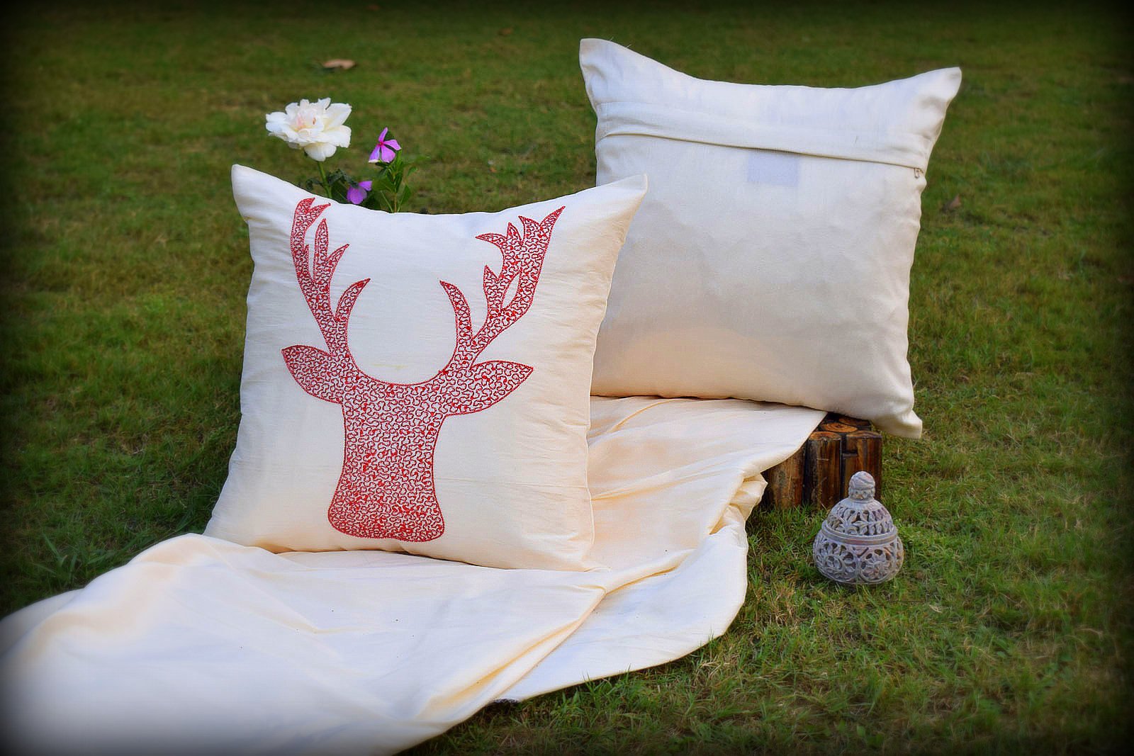 Reindeer Hand Embroidered Ivory Cushion Covers - Image 3