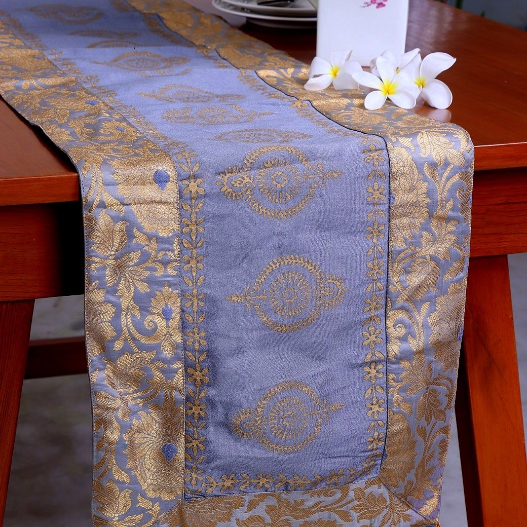 Mughal Banarasi Gardish Block Printed Table Runner - Grey - Image 3