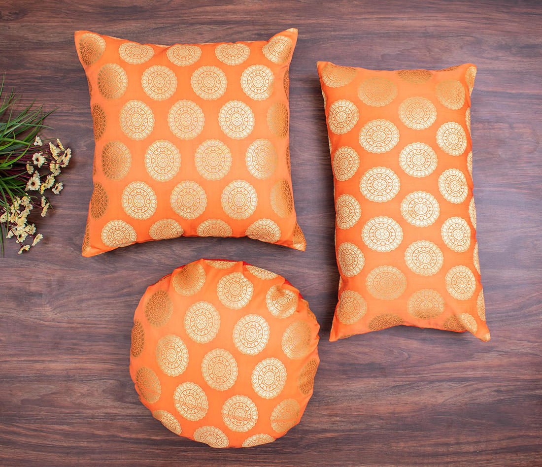 Mandala Brocade Silk Round Cushion Covers (Orange & Golden) - Image 3