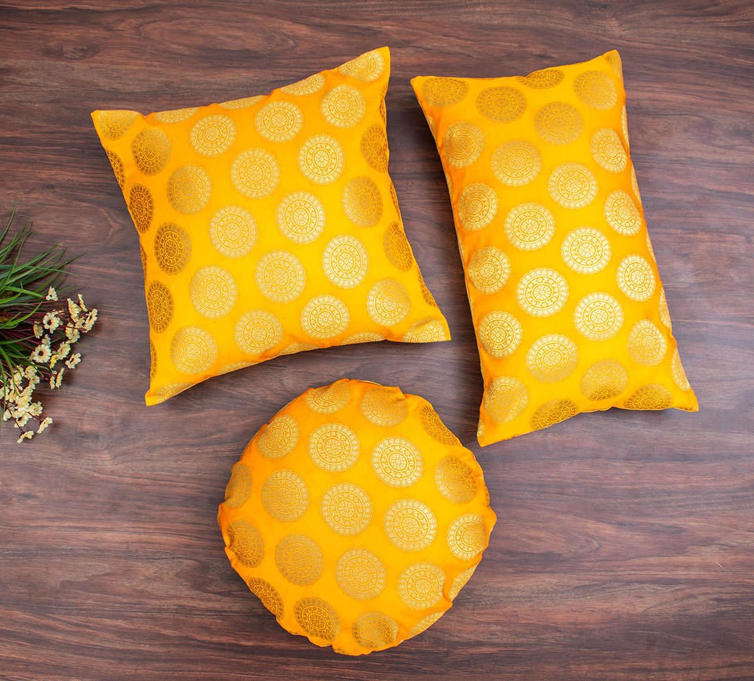 Mandala Brocade Silk Round Cushion Covers (Yellow & Golden) - Image 3