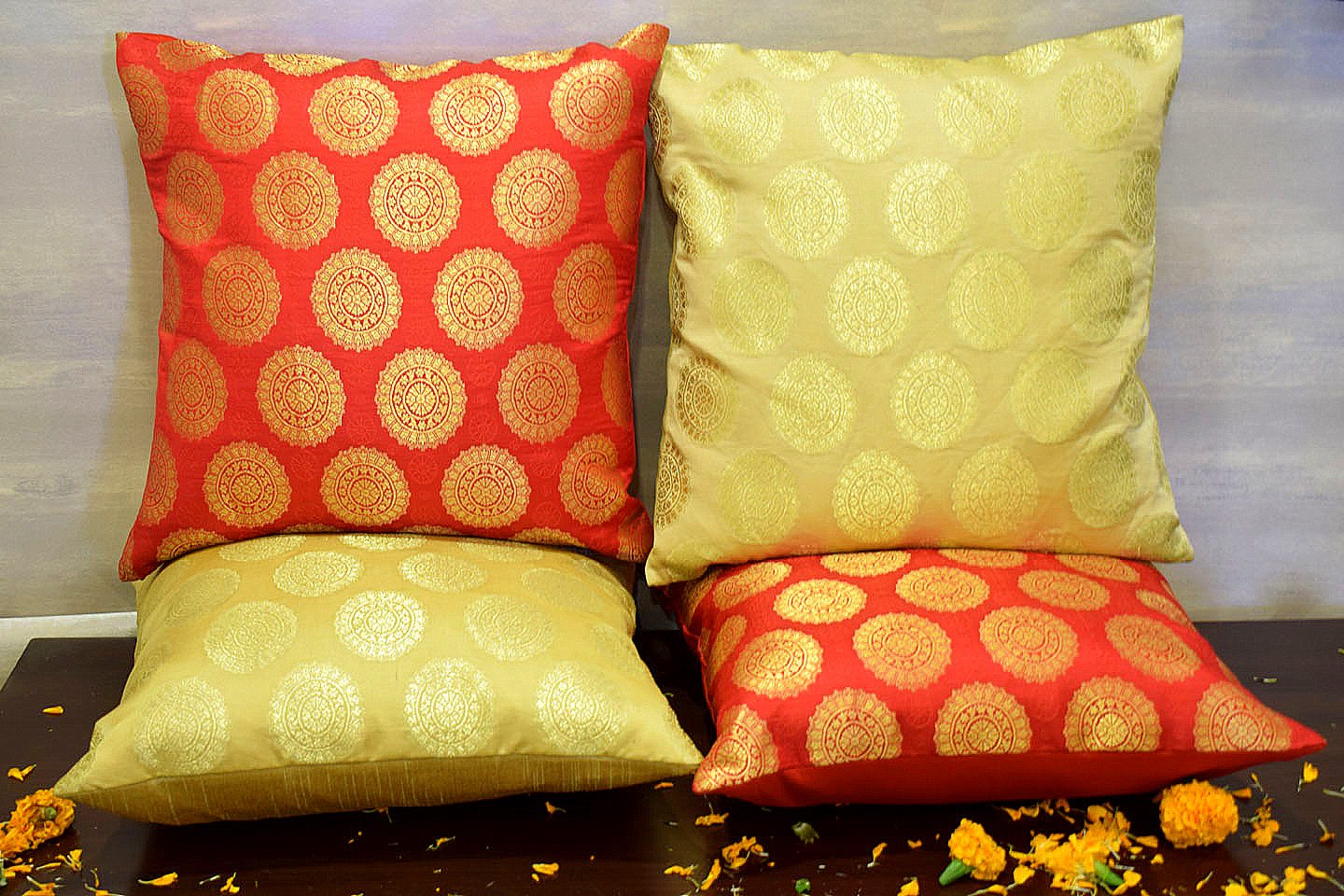 Mandala Brocade Silk Cushion Covers Combo (Red & Beige) - Image 3
