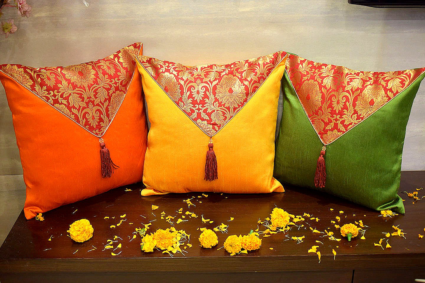 Mehrang Cushion Covers Combo (Olive Green, Rust Yellow, Orange) - Image 3