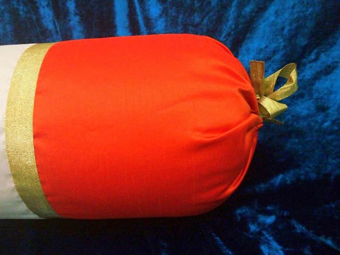 TRI Color Golden Zari Decorative Bolster Covers (Orange , Ivory , Magenta) - Image 3