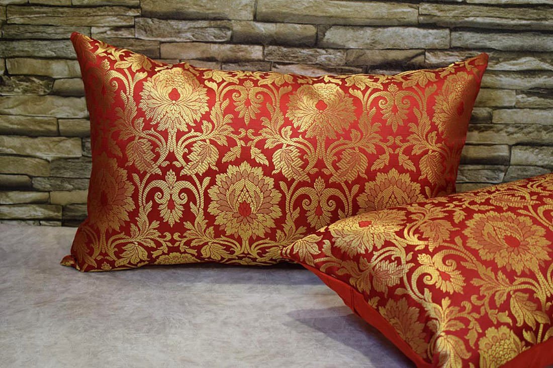 MUGHAL BANARASI Brocade Long Rectangular Cushion Covers (Red & Golden) - Image 3