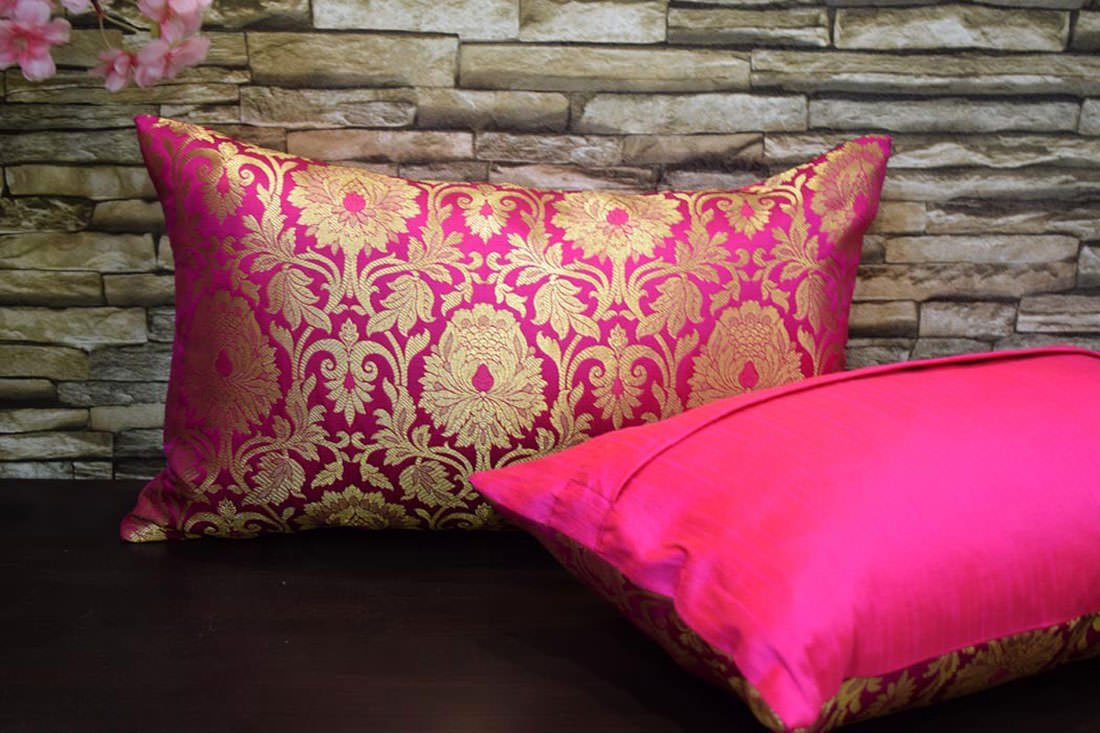 MUGHAL BANARASI Brocade Long Rectangular Cushion Covers (Bougainvillea Pink & Golden) - Image 3