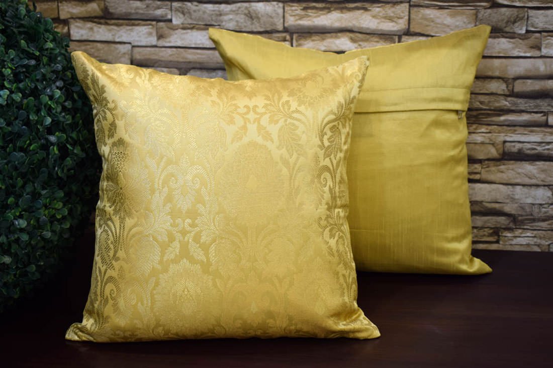 MUGHAL BANARASI Brocade Cushion Covers (Marigold Beige & Golden) - Image 2