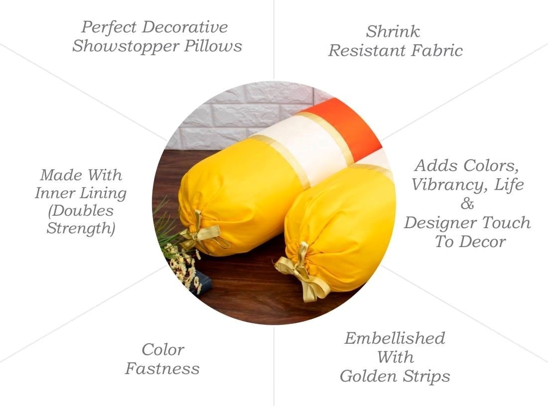TRI Color Golden Zari Decorative Bolster Covers (Yellow, Ivory, Orange) - Image 3