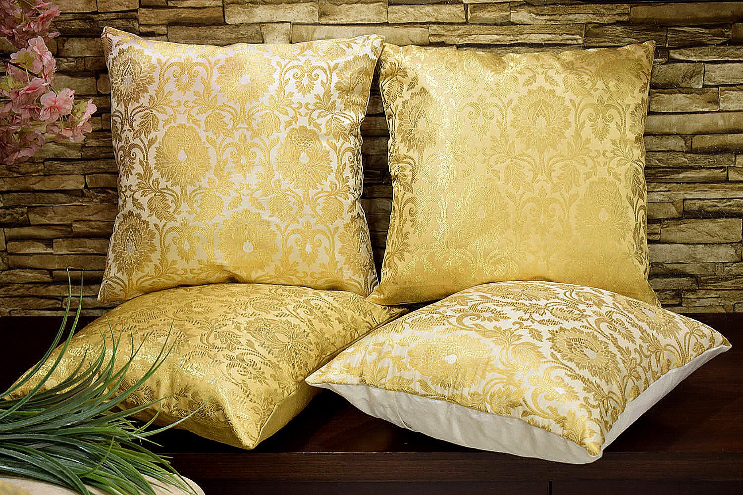 MUGHAL BANARASI Brocade Cushion Covers Combo (Marigold & White) - Image 3