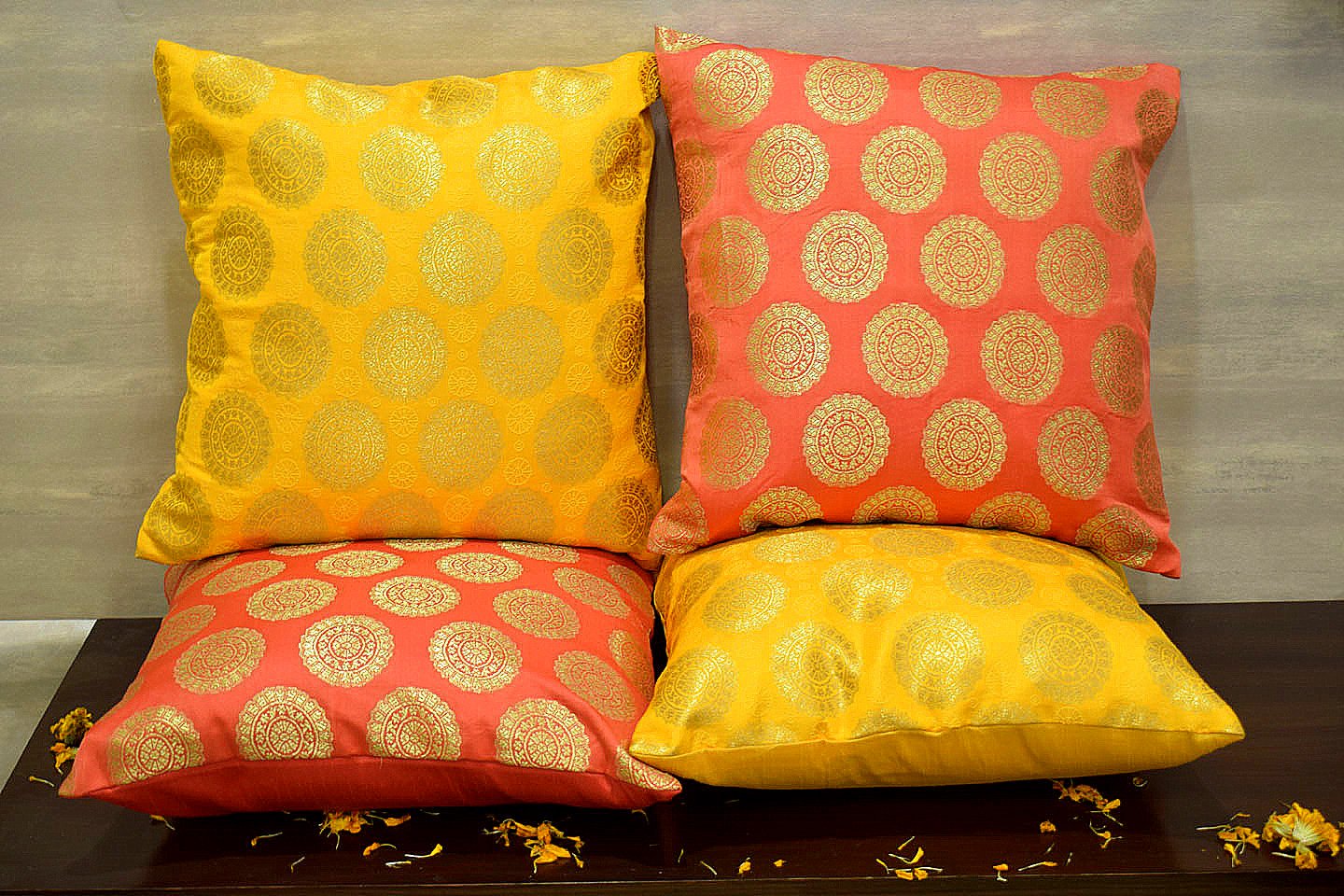 Mandala Brocade Silk Cushion Covers Combo (Peach & Yellow) - Image 3