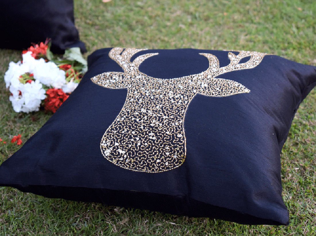 Reindeer Hand Embroidered Black Cushion Covers - Image 3