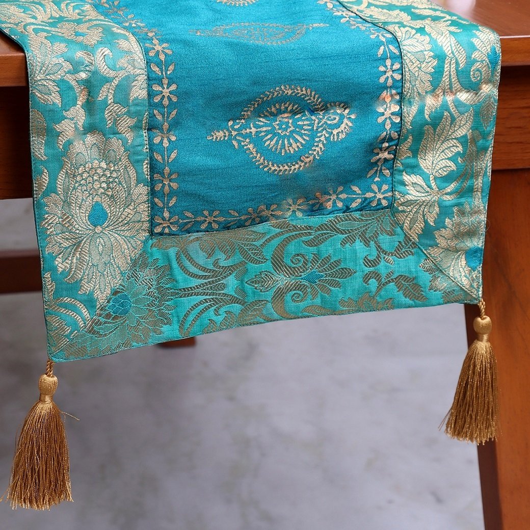 Mughal Banarasi Gardish Block Printed Table Runner - Green - Image 3