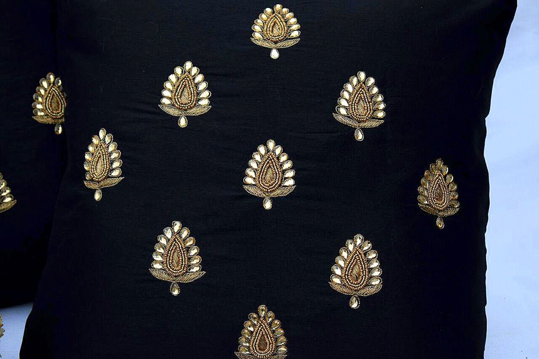 Swarn Paan Patti Beads, Kundan & Zari Hand Embroidery Black Cushion Covers - Image 3