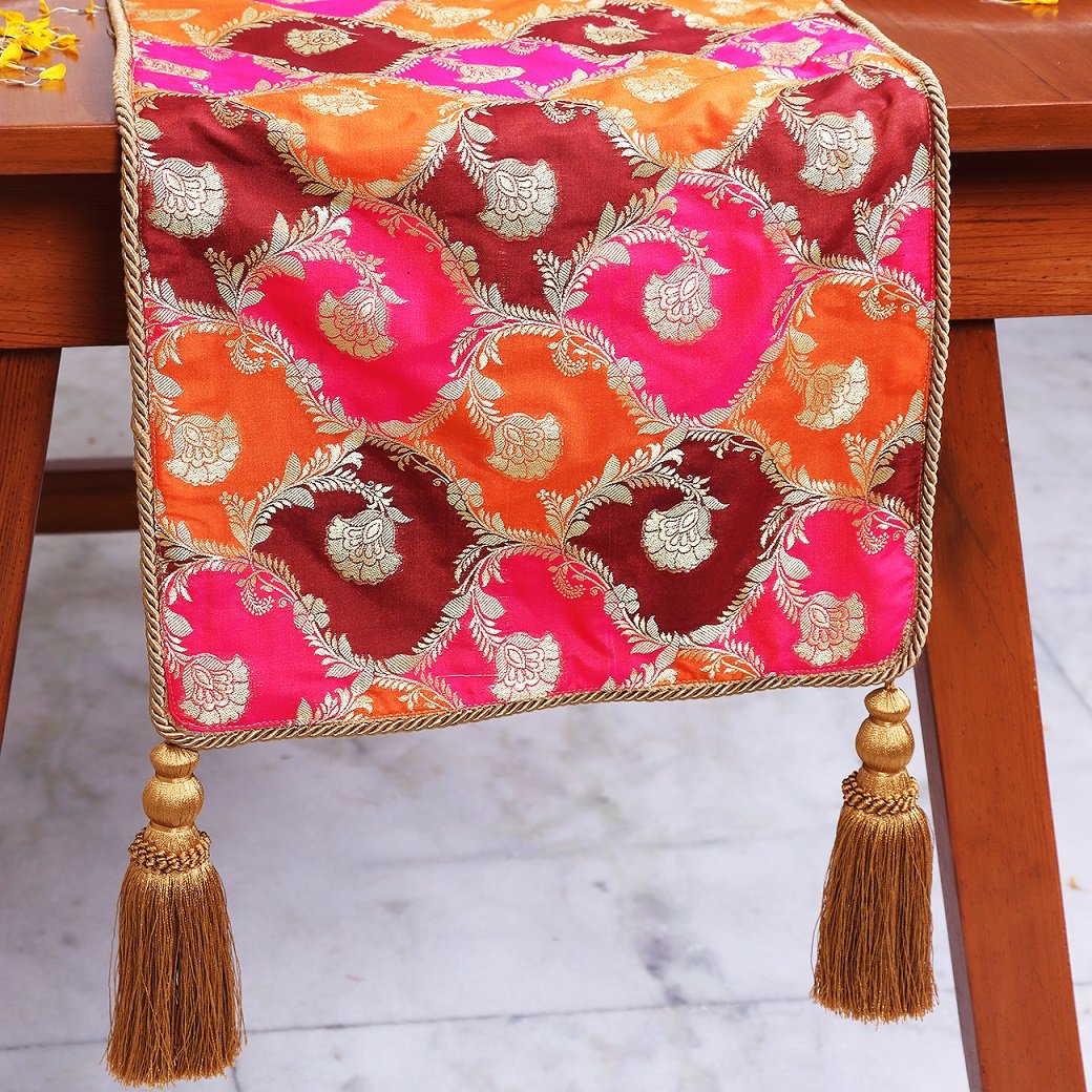Khin-Khwabeeda Brocade Table Runner (Rust, Orange, Pink) - Image 3