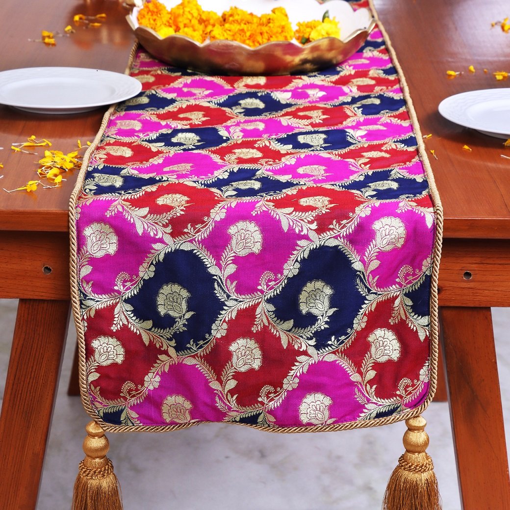 Khin-Khwabeeda Brocade Table Runner (Rust, Blue, Pink) - Image 3