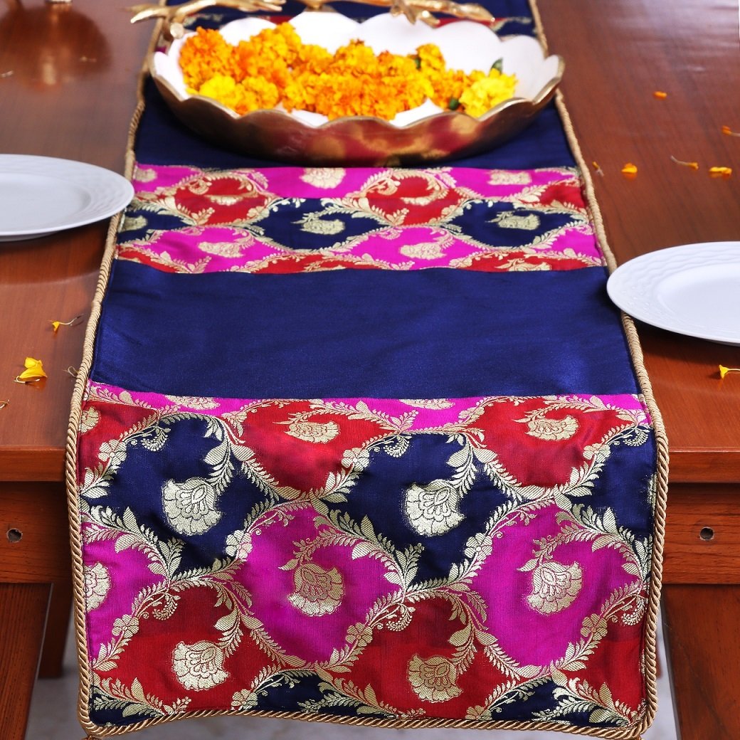 Khin-Khwabeeda Designer Brocade Table Runner (Rust, Blue, Pink) - Image 3