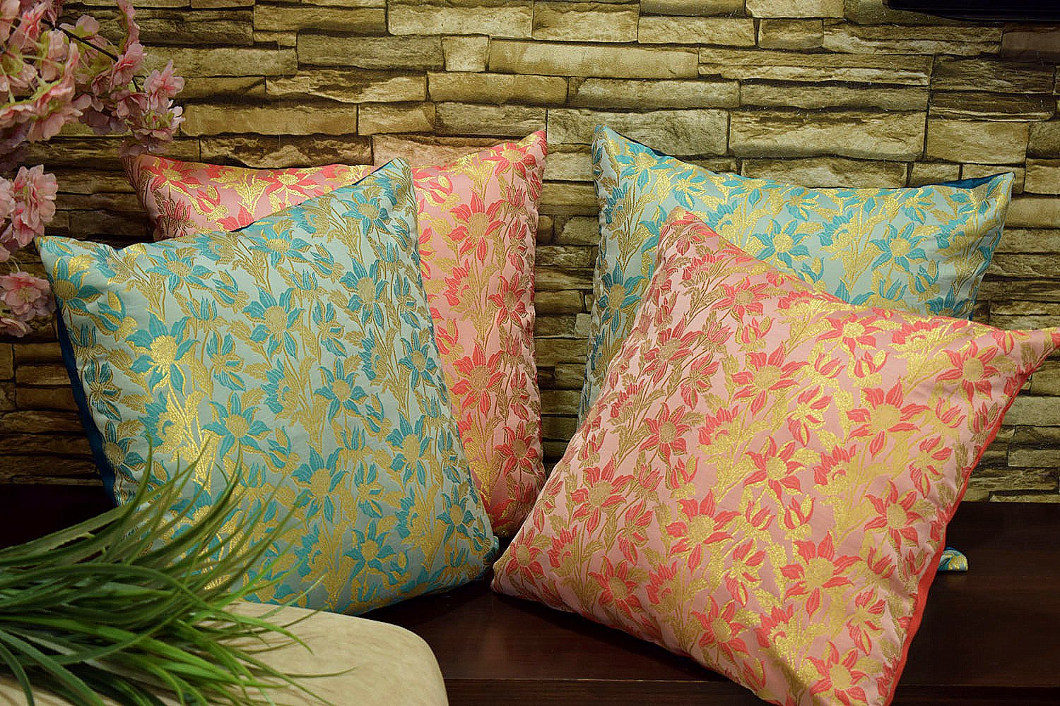 Bageecha Floral Brocade Silk Cushion Covers Combo (Coral & Sea Green) - Image 4