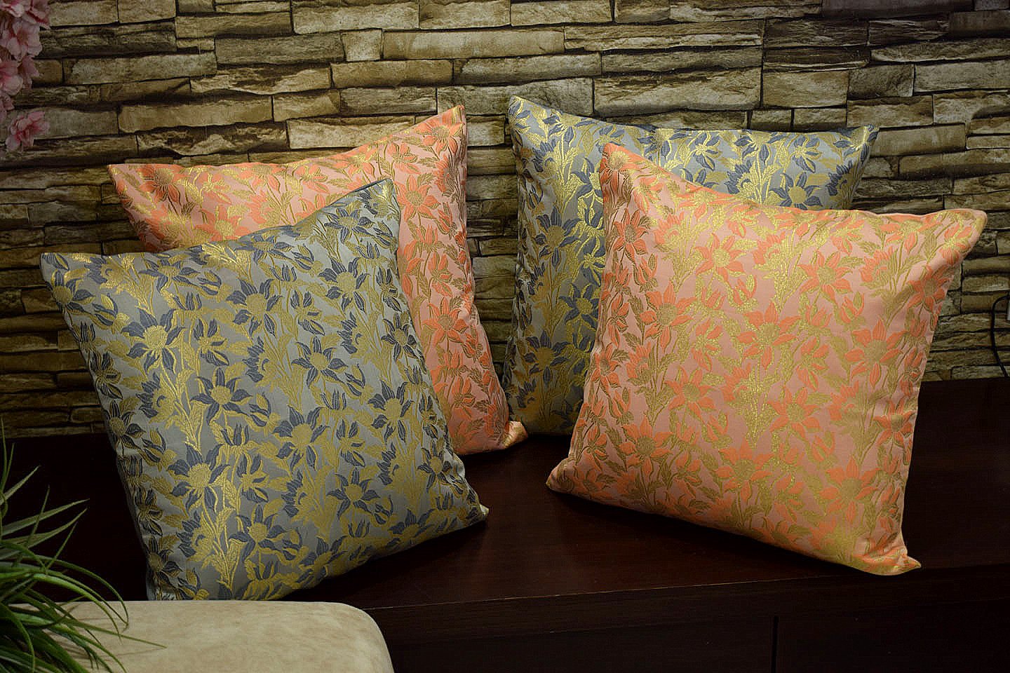 Bageecha Floral Brocade Silk Cushion Covers Combo (Peach & Grey) - Image 4