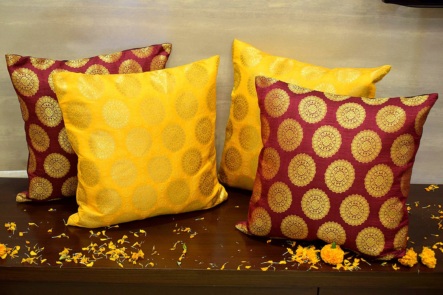 Mandala Brocade Silk Cushion Covers Combo (Maroon & Yellow) - Image 4