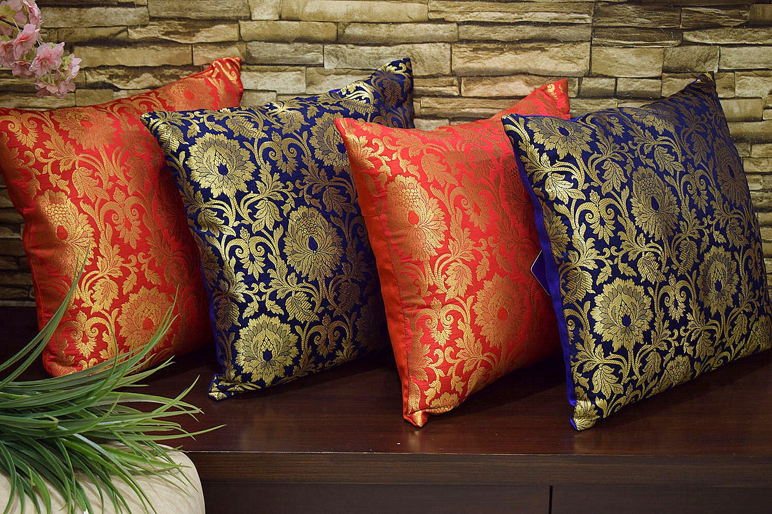 MUGHAL BANARASI Brocade Covers Combo (Blue & Red) - Image 4