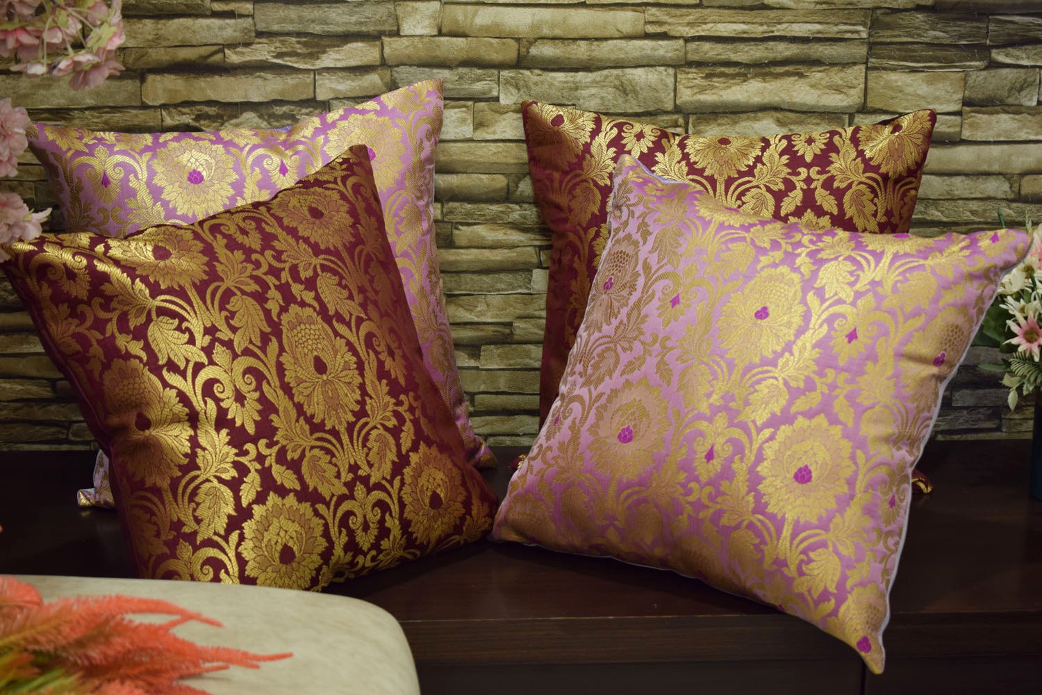 MUGHAL BANARASI Brocade Cushion Covers Combo (Lavender & Wine) - Image 4