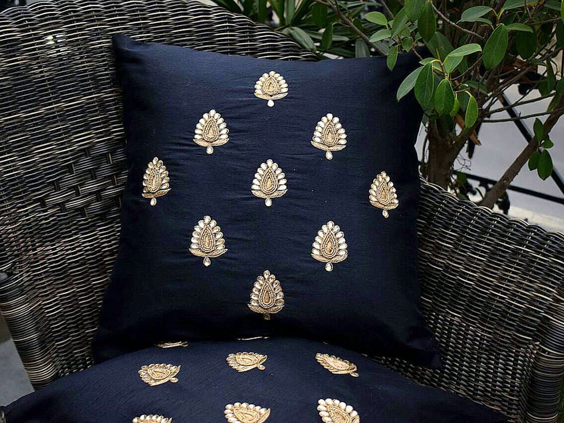 Swarn Paan Patti Beads, Kundan & Zari Hand Embroidery Black Cushion Covers - Image 4