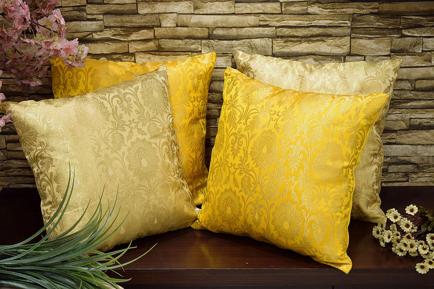 MUGHAL BANARASI Brocade Cushion Covers Combo (Marigold & Yellow) - Image 4