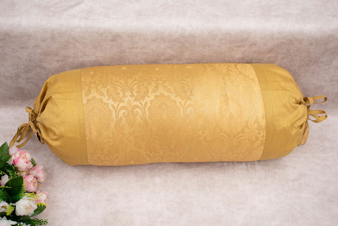 MUGHAL BANARASI Brocade Bolster Covers (Marigold Beige & Golden) - Image 3