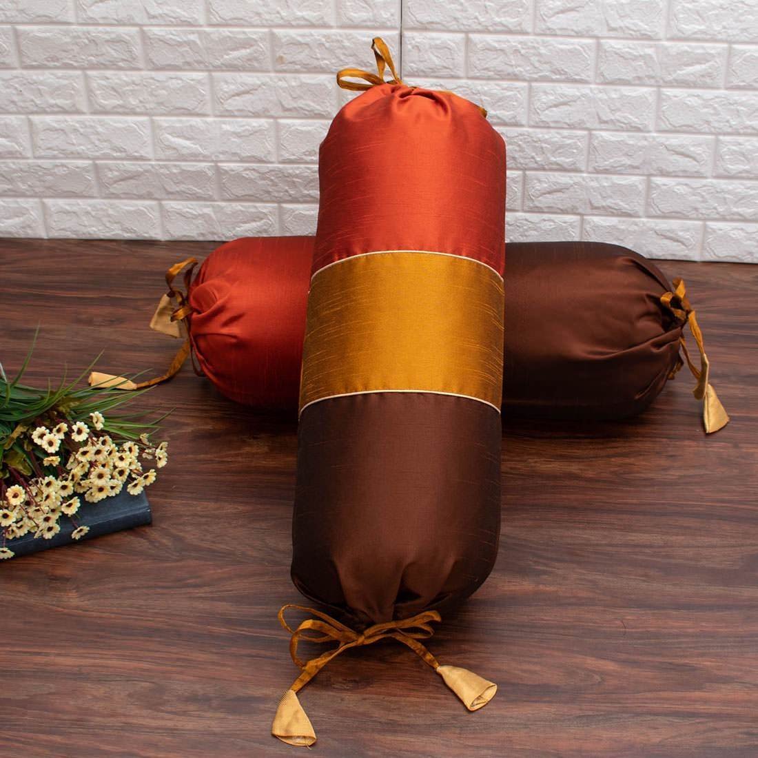 TRI Color Golden Zari Decorative Bolster Covers (Red Brown, Golden Rust, Dark Brown ) - Image 3