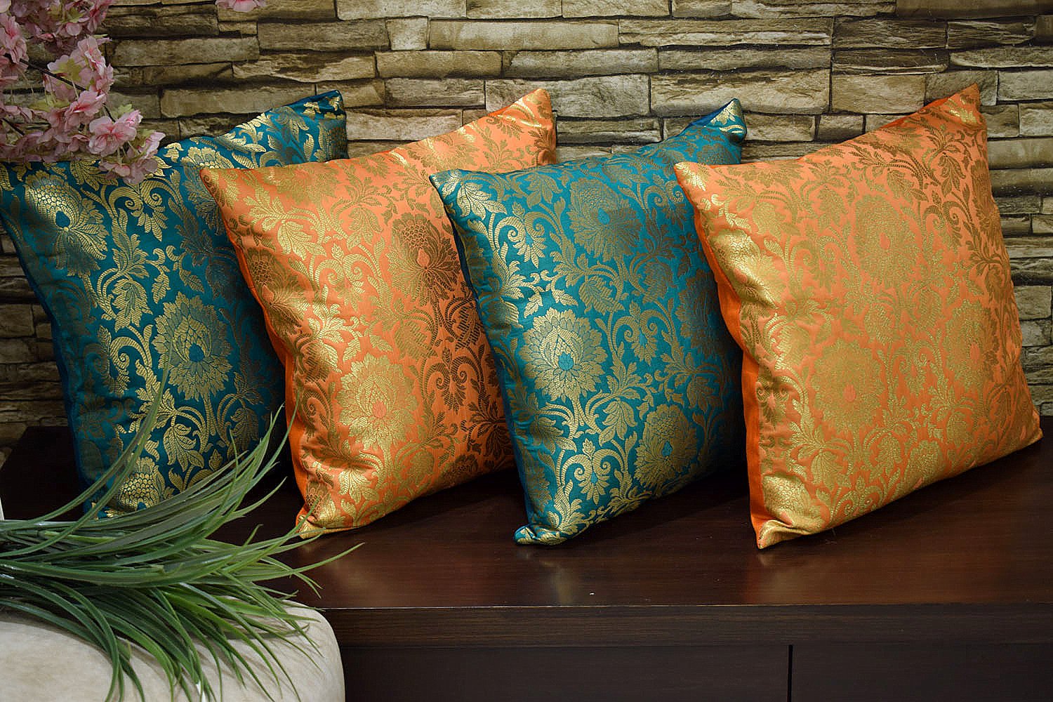 MUGHAL BANARASI Brocade Cushion Covers Combo (Green & Orange) - Image 4
