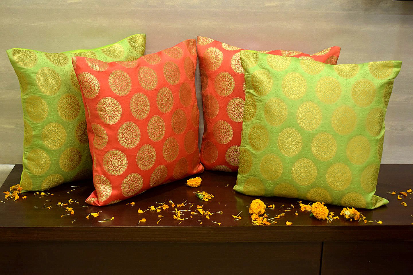 Mandala Brocade Silk Cushion Covers Combo (Peach & Green) - Image 4