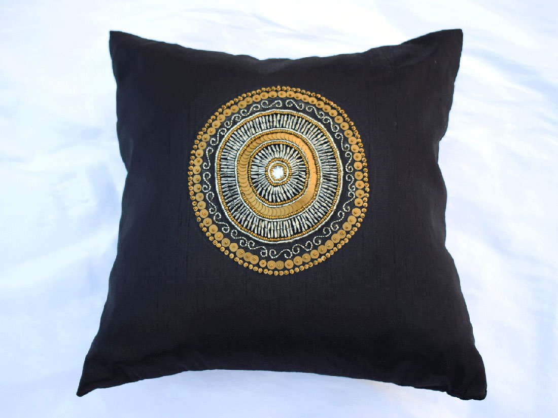Hand Embroidered Circlet Designer Black Ethnic Cushion Covers - Image 4