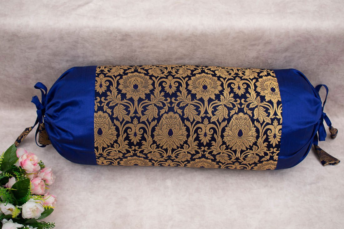 MUGHAL BANARASI Brocade Bolster Covers (Navy Blue & Golden) - Image 3