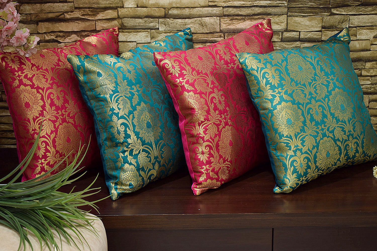 MUGHAL BANARASI Brocade Cushion Covers Combo (Green & Bougainvillea Pink) - Image 4
