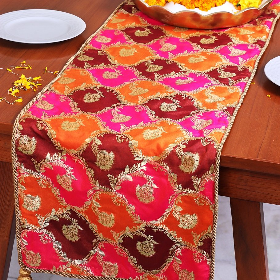 Khin-Khwabeeda Brocade Table Runner (Rust, Orange, Pink) - Image 4