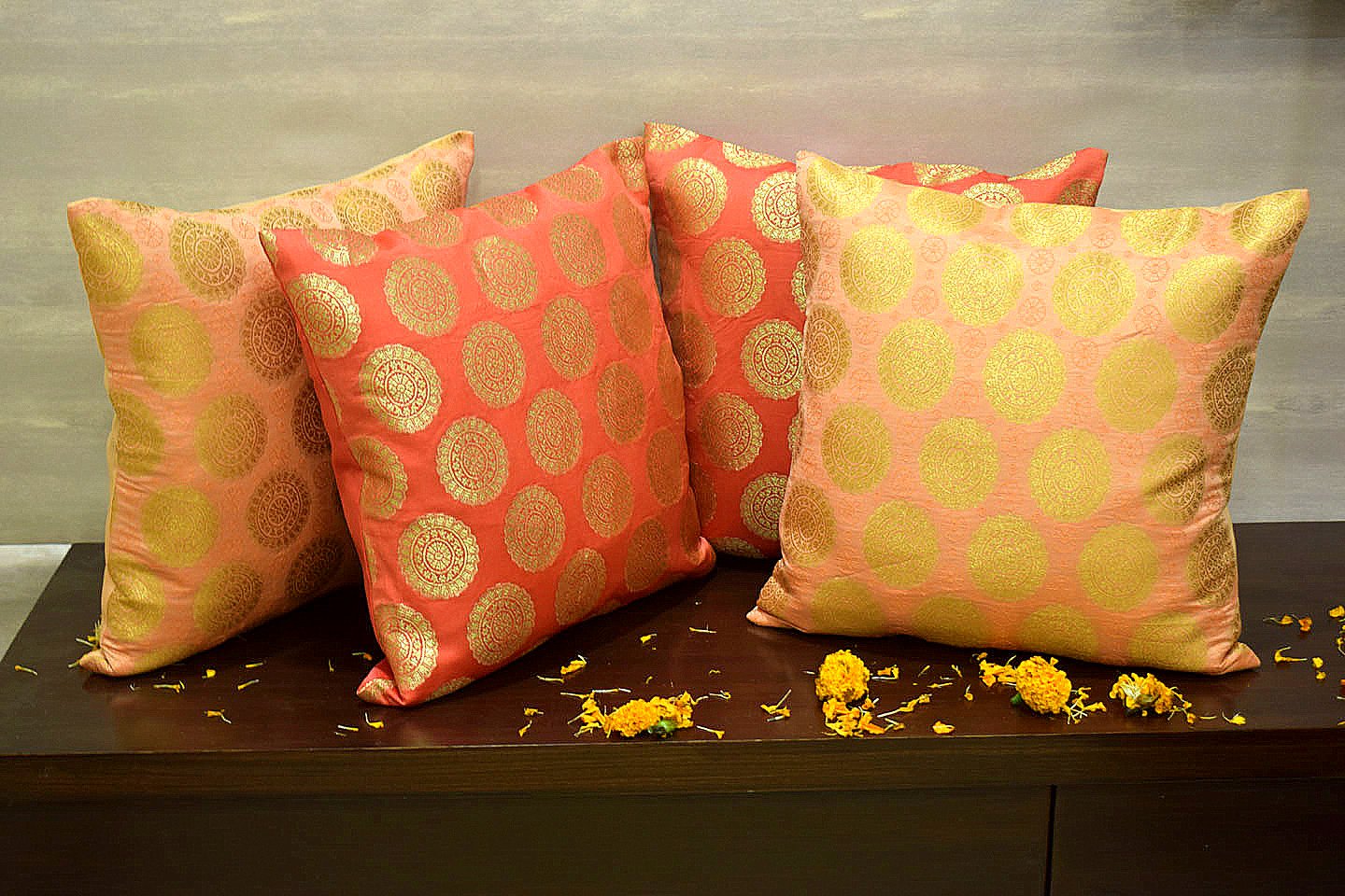 Mandala Brocade Silk Cushion Covers Combo (Peach & Coral) - Image 4
