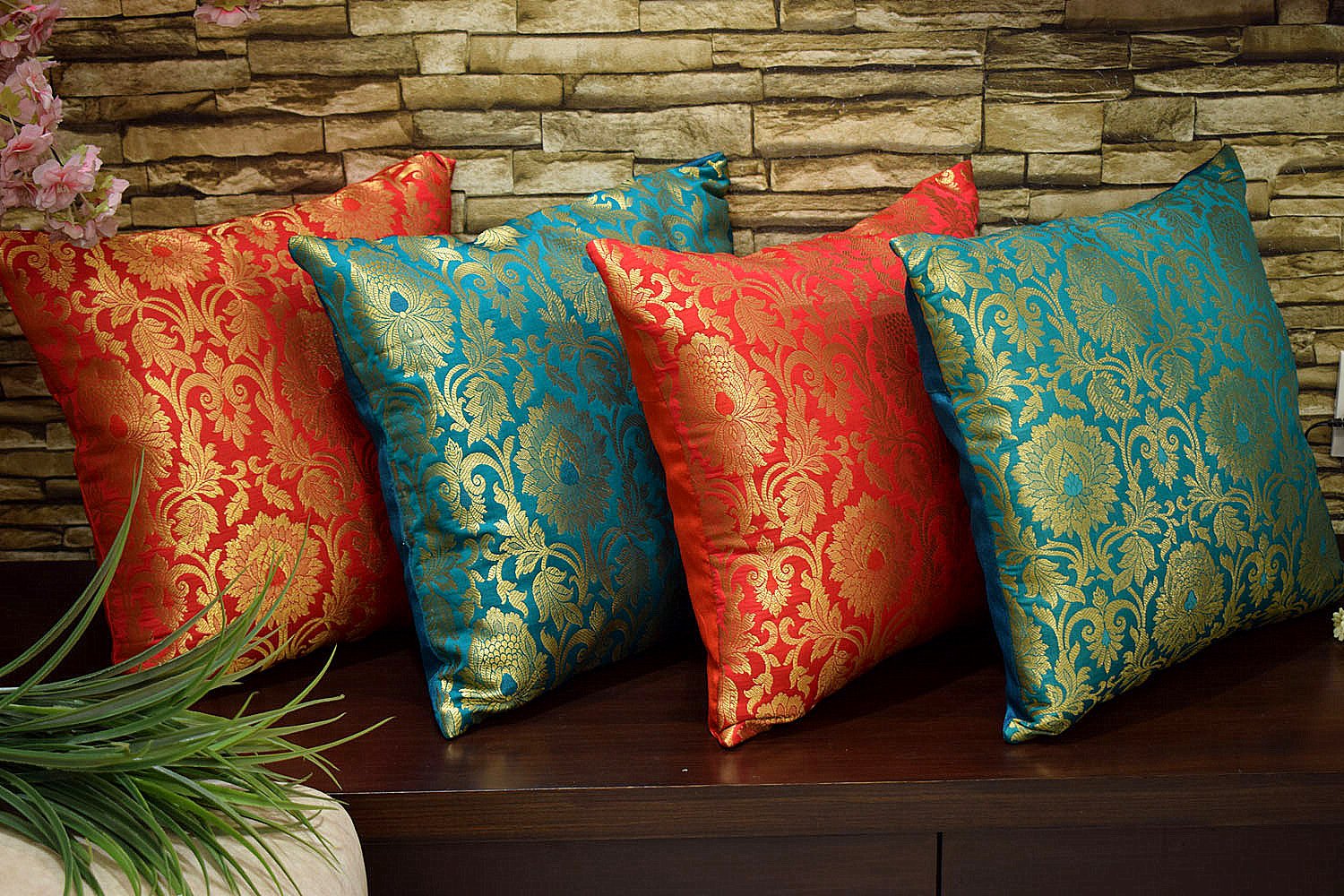 MUGHAL BANARASI Brocade Cushion Covers Combo (Green & Red) - Image 4