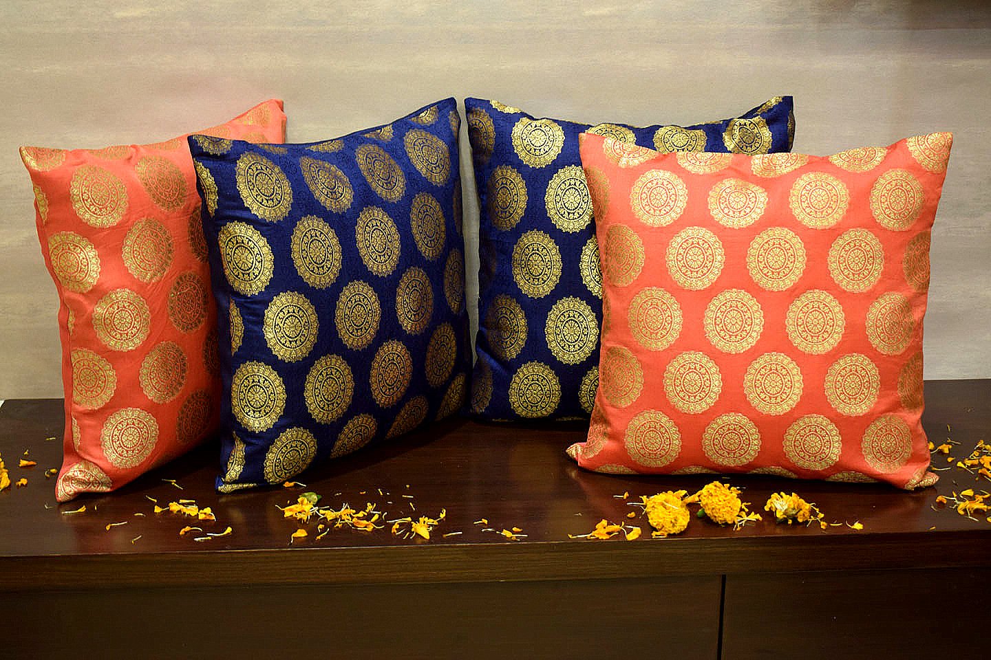 Mandala Brocade Silk Cushion Covers Combo (Peach & Blue) - Image 3