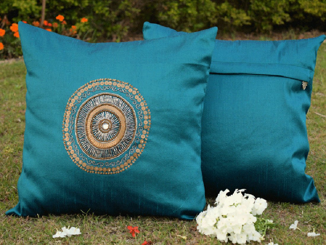 Hand Embroidered Circlet Designer Peacock Green Ethnic Cushion Covers - Image 4
