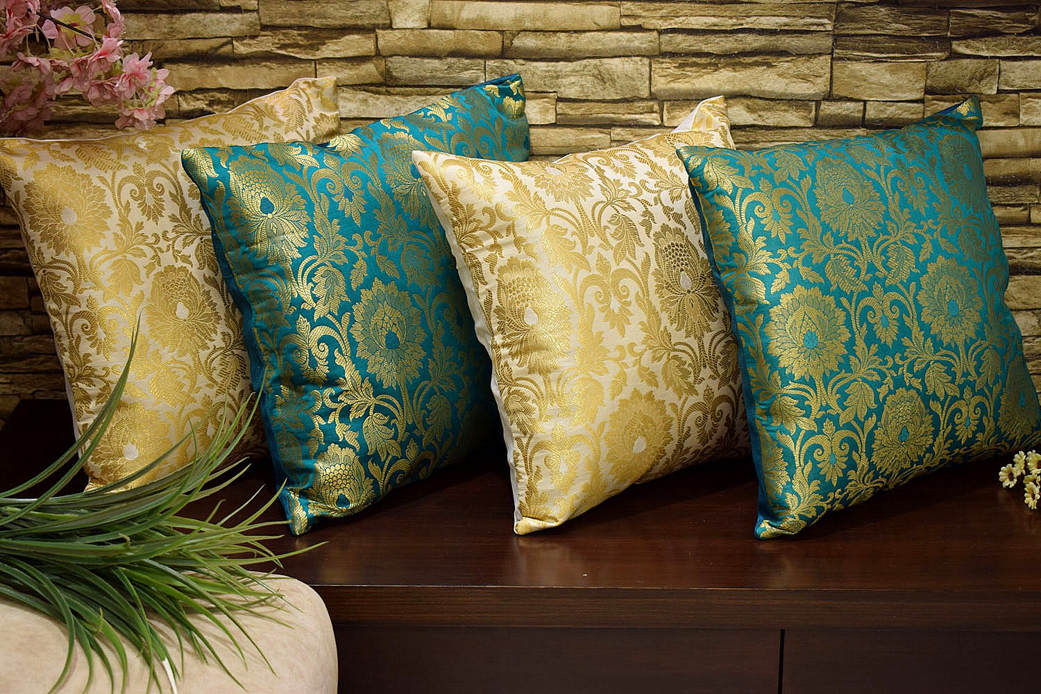 MUGHAL BANARASI Brocade Cushion Covers Combo (Green & White) - Image 4