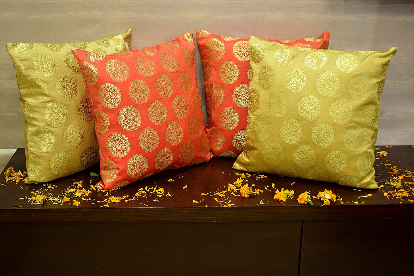 Mandala Brocade Silk Cushion Covers Combo (Peach & Beige) - Image 4